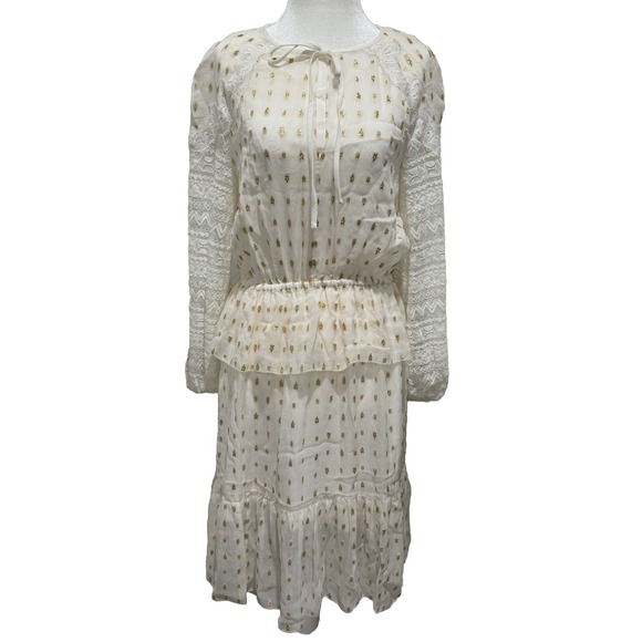 Temperley Dress‎ Womens 4 Chiffon Gold Lace Sleeve Midi Cottagecore Fairy Boho - Picture 1 of 10